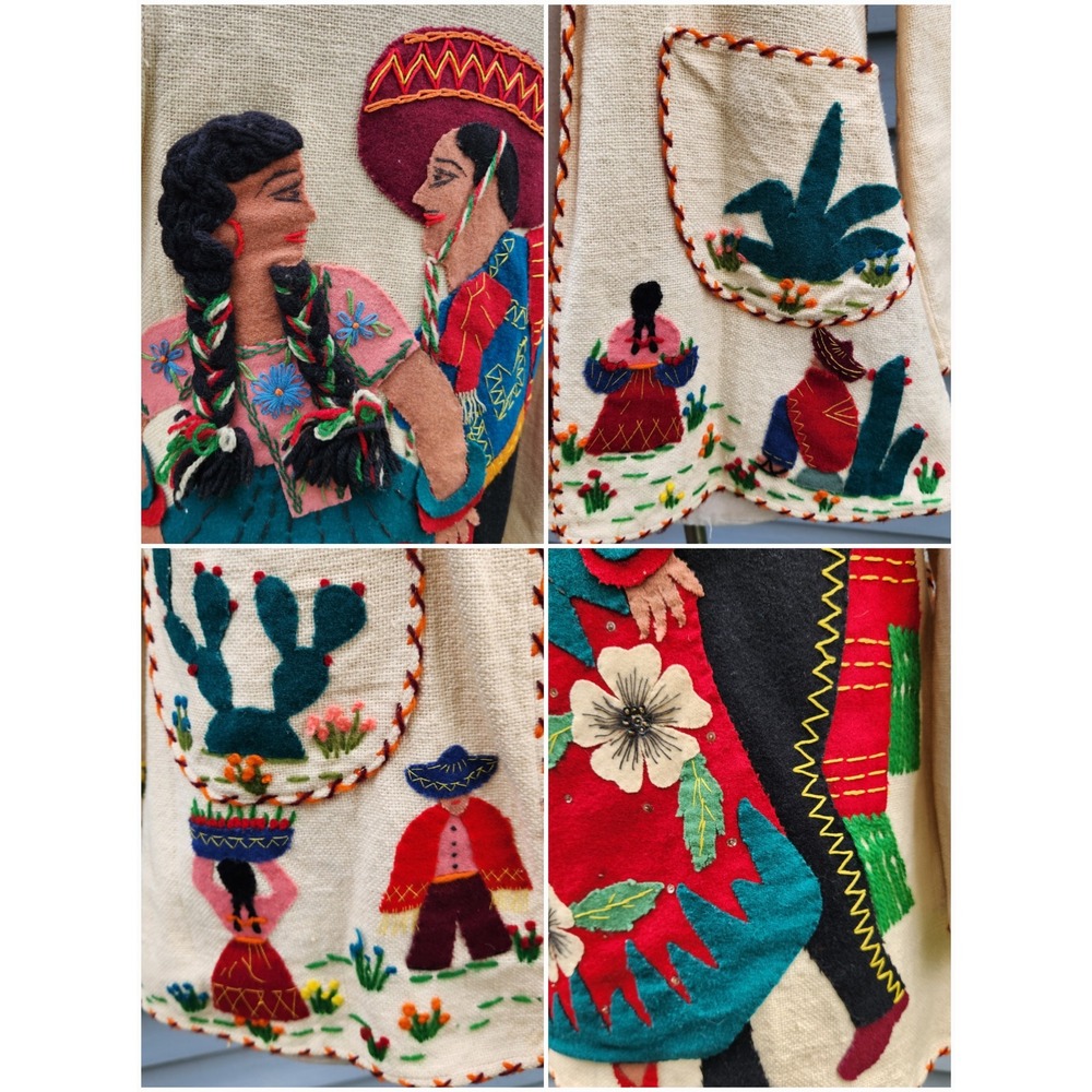 Vintage 50s Mexican Tourist Jacket Cream Embroidered Folk Art Applique Medium - Picture 5 of 8